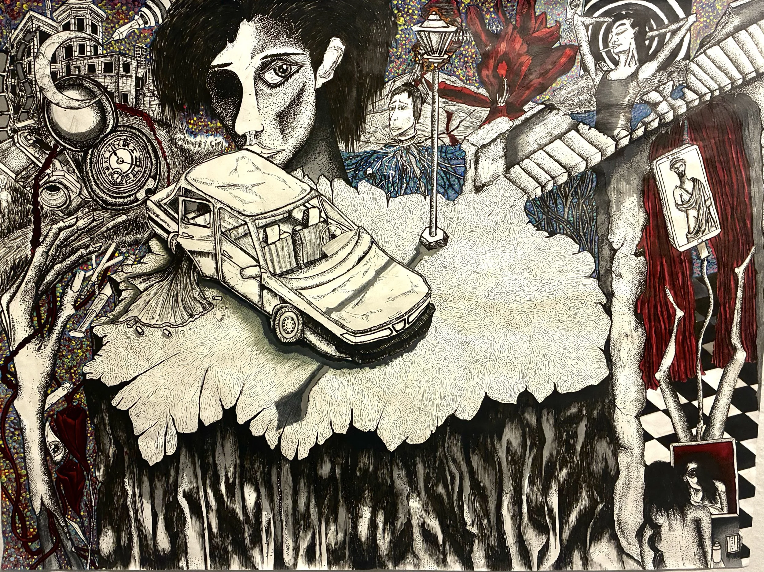 the black lodge, 18x24 in, ink and acrylic paint, 2026