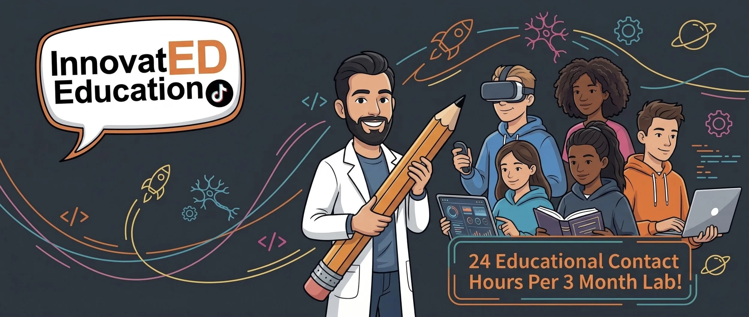 Illustration of diverse students and a teacher with a beard holding a giant pencil, surrounded by science and technology icons like rockets, molecules, gears, and planets, promoting 'InnovatED Education' and '24 Educational Contact Hours Per 3 Month Lab.'