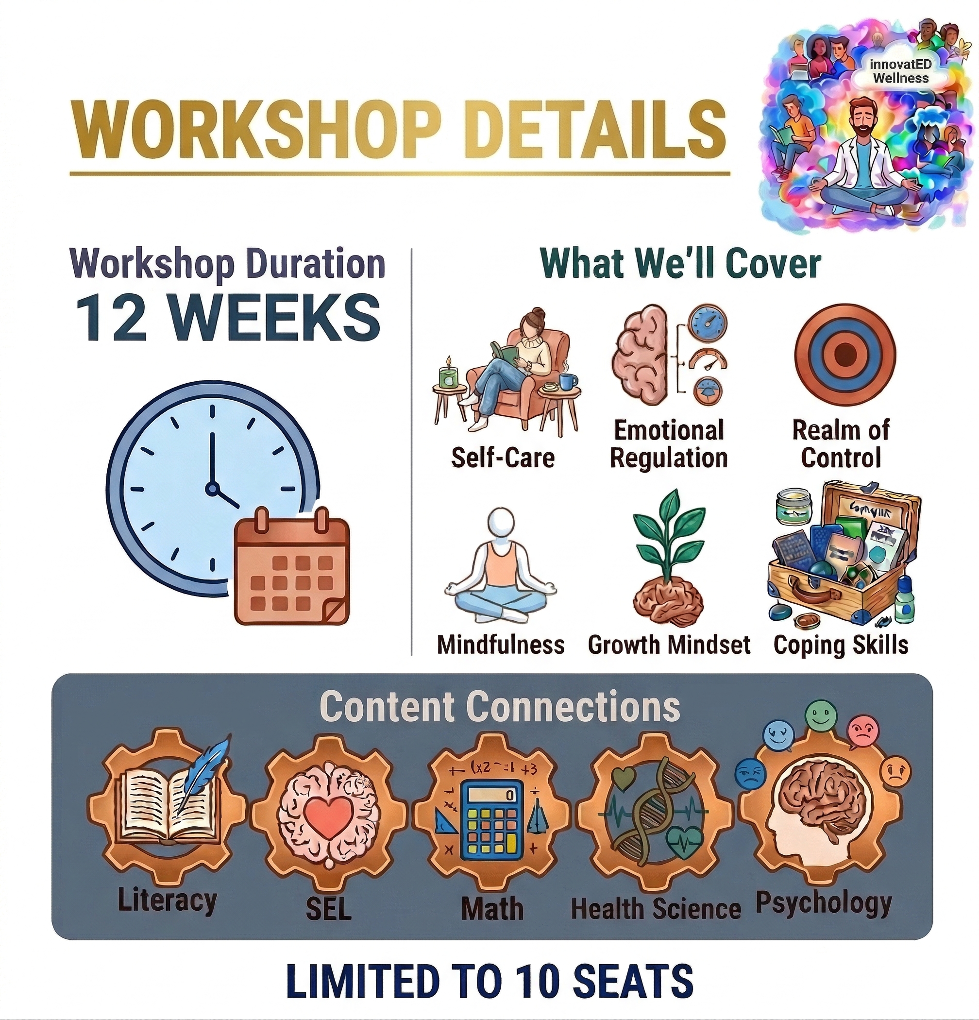 Infographic providing details about a 12-week workshop on self-care, emotional regulation, realm of control, mindfulness, growth mindset, and coping skills. Includes content connections to literacy, social-emotional learning, math, health science, and psychology, with a note that participation is limited to 10 seats.