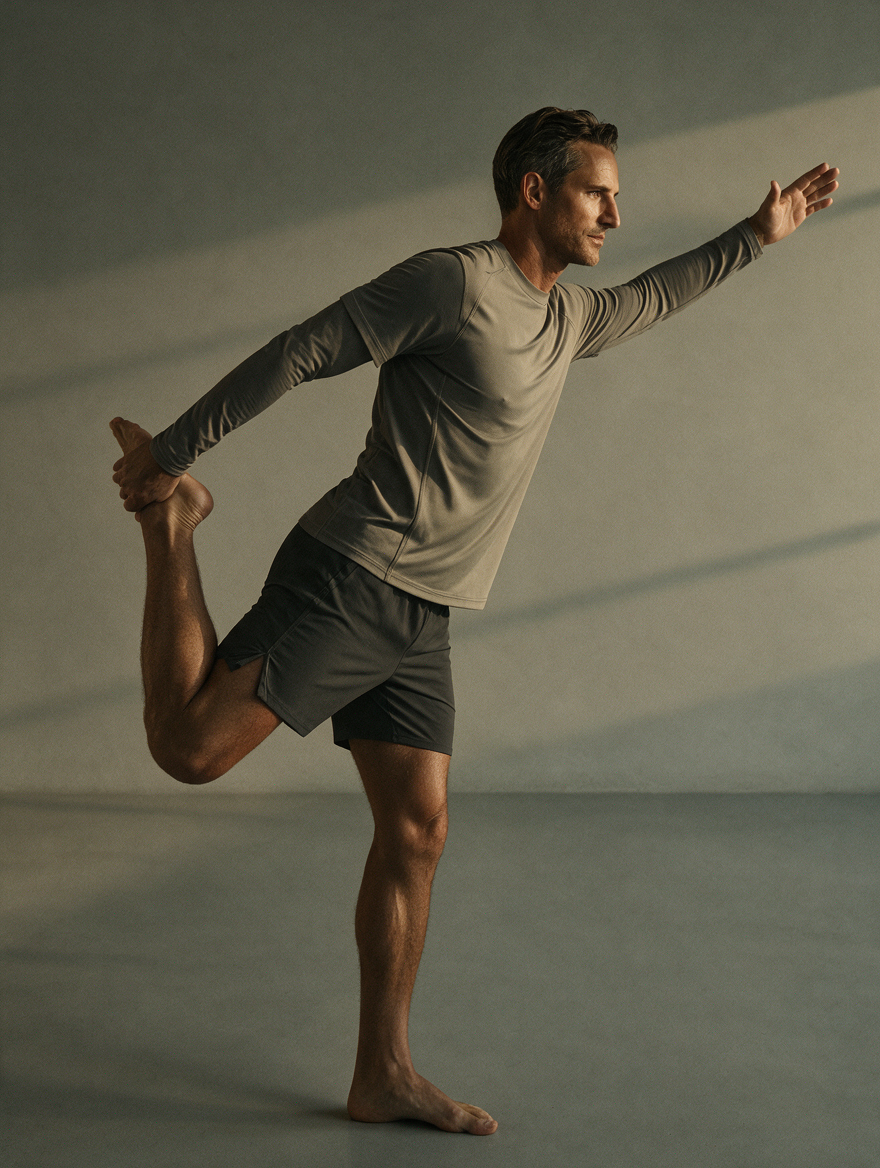 A man practicing yoga indoors, standing on one leg, holding his other foot behind his back with one hand, and extending his other arm forward.