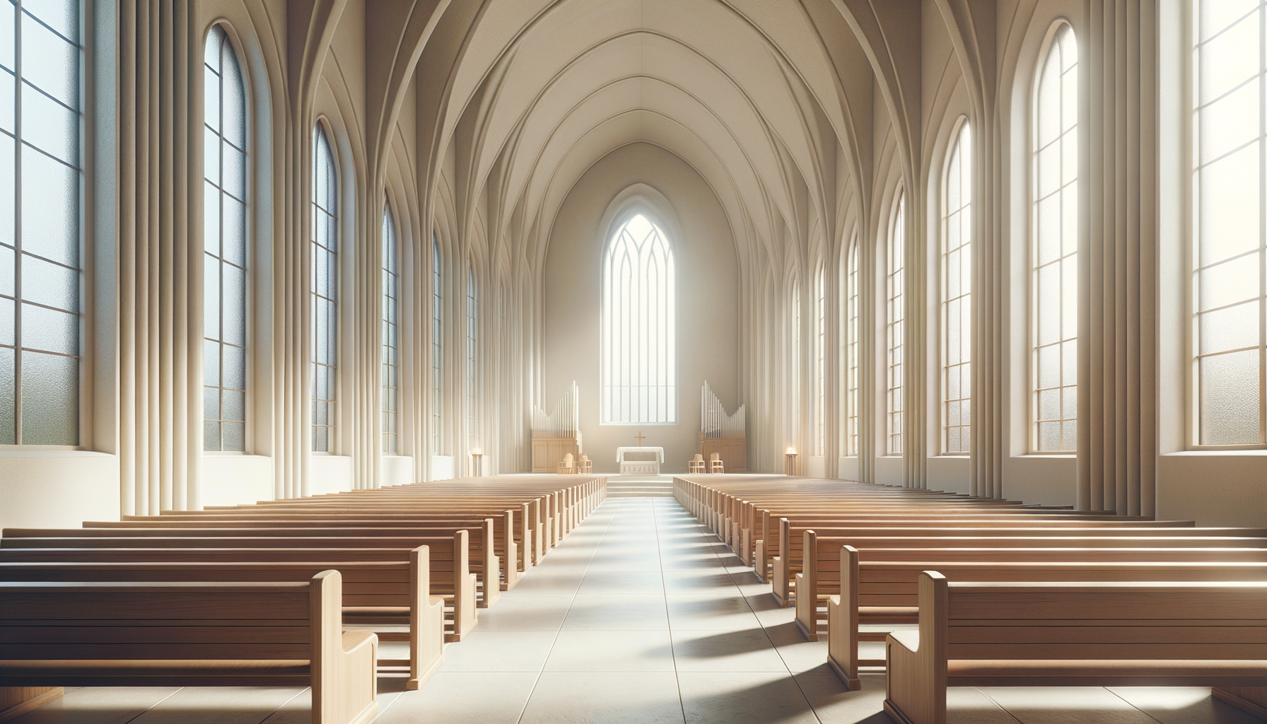 Interior of a bright, spacious church with high vaulted ceilings, tall arched windows, wooden pews, and an altar with a cross at the front.