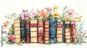 Colorful watercolor painting of a row of books with pink and yellow flowers on top.