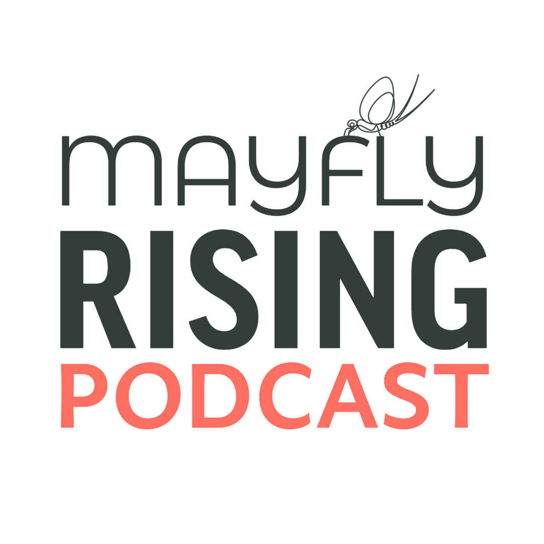 Logo for Mayfly Rising Podcast with a stylized mayfly illustration above the text.