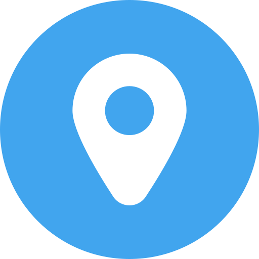 Blue map pin icon on a blue circular background.