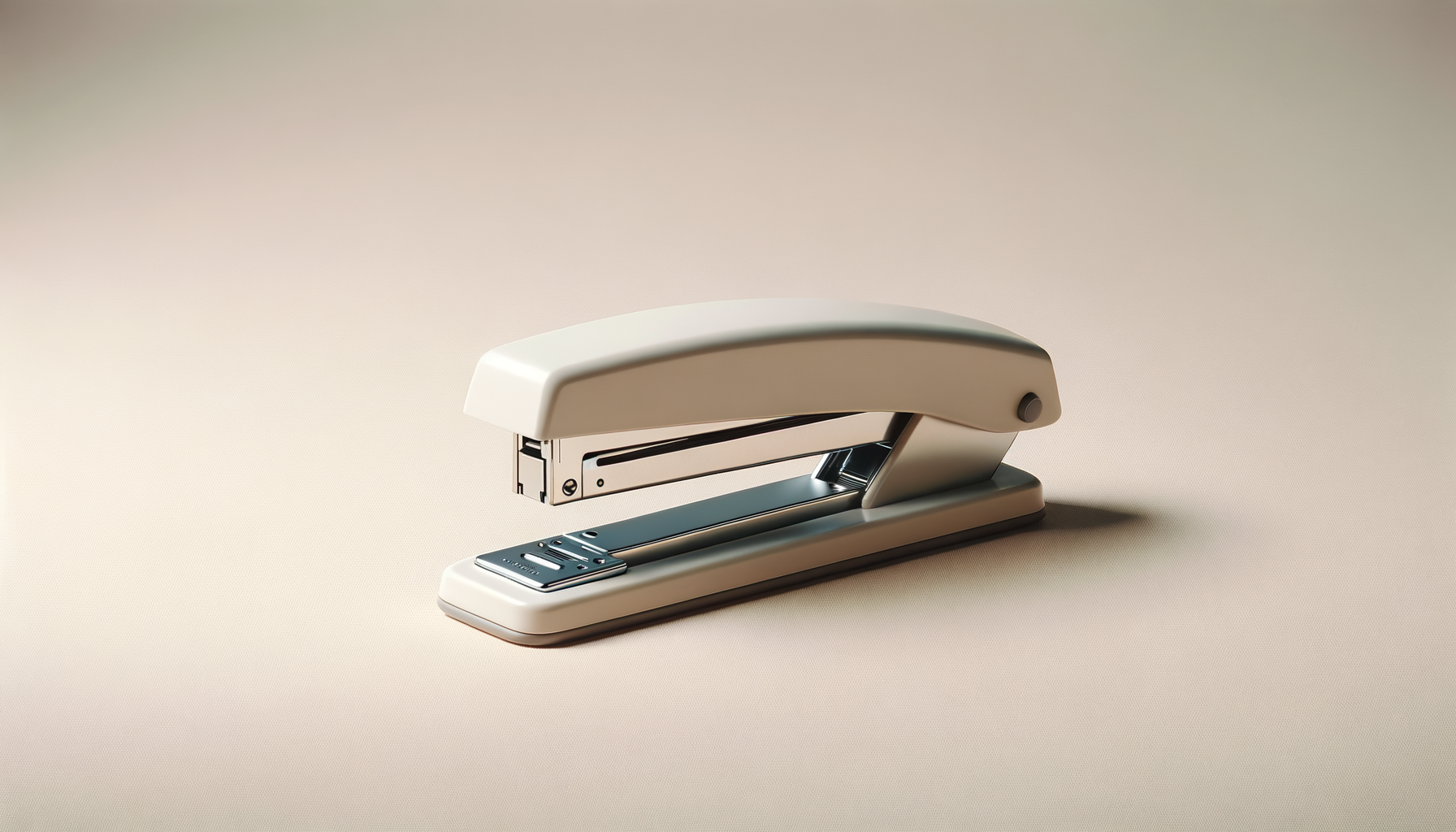 A beige stapler on a light beige surface against a plain background.