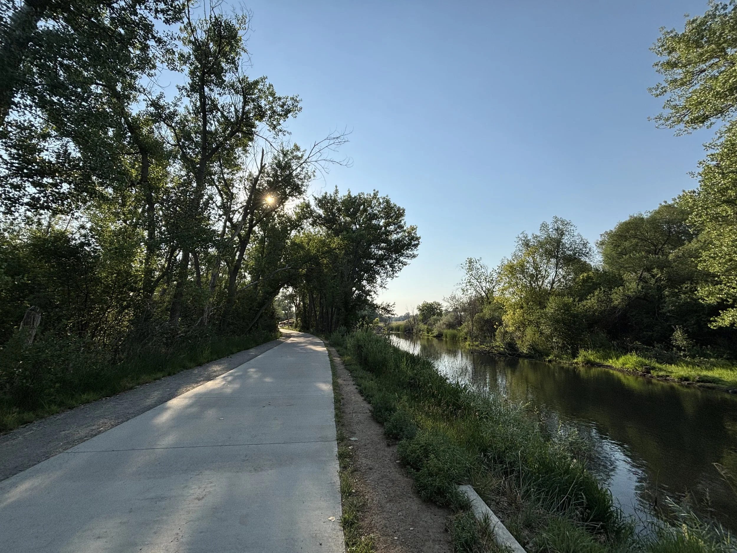 A curved paved pathway running alongside a calm river, surrounded by lush green trees on both sides under a clear blue sky with the sun partially visible through the trees.