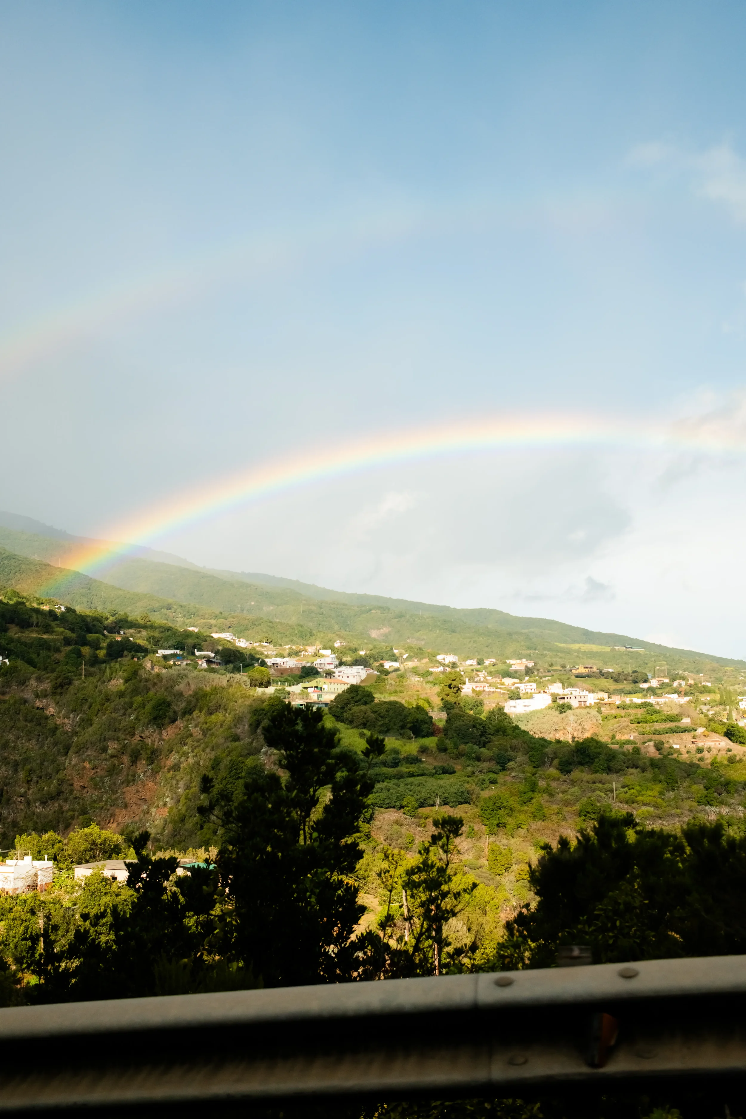 Hilly landscape with trees, houses, and a double rainbow in a partly cloudy sky.
