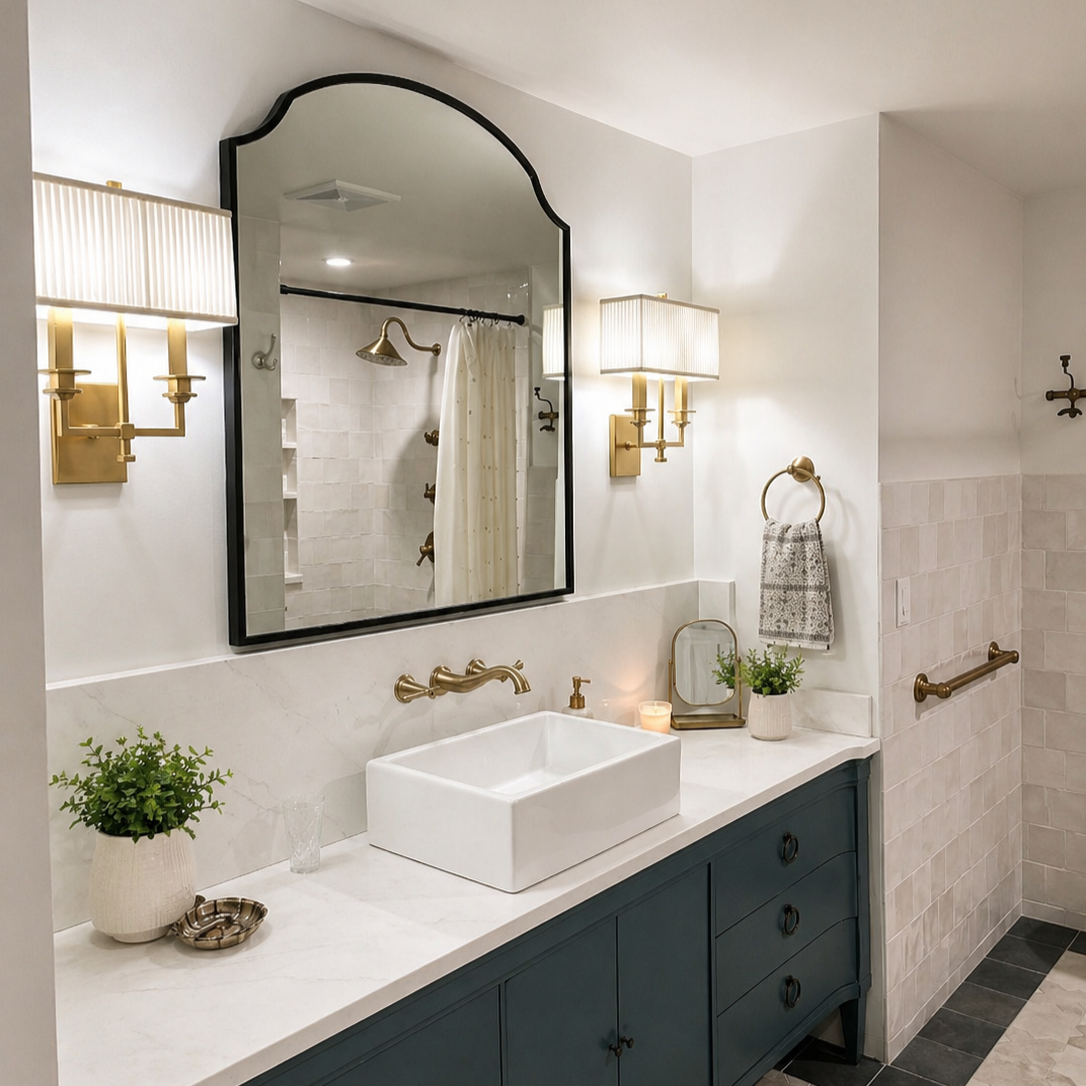 Modern bathroom with white walls, a marble countertop, navy blue vanity, square vessel sink, gold fixtures, wall-mounted lamps, large mirror, potted plants, a candle, towels, and a walk-in shower with a curtain and brass shower head.