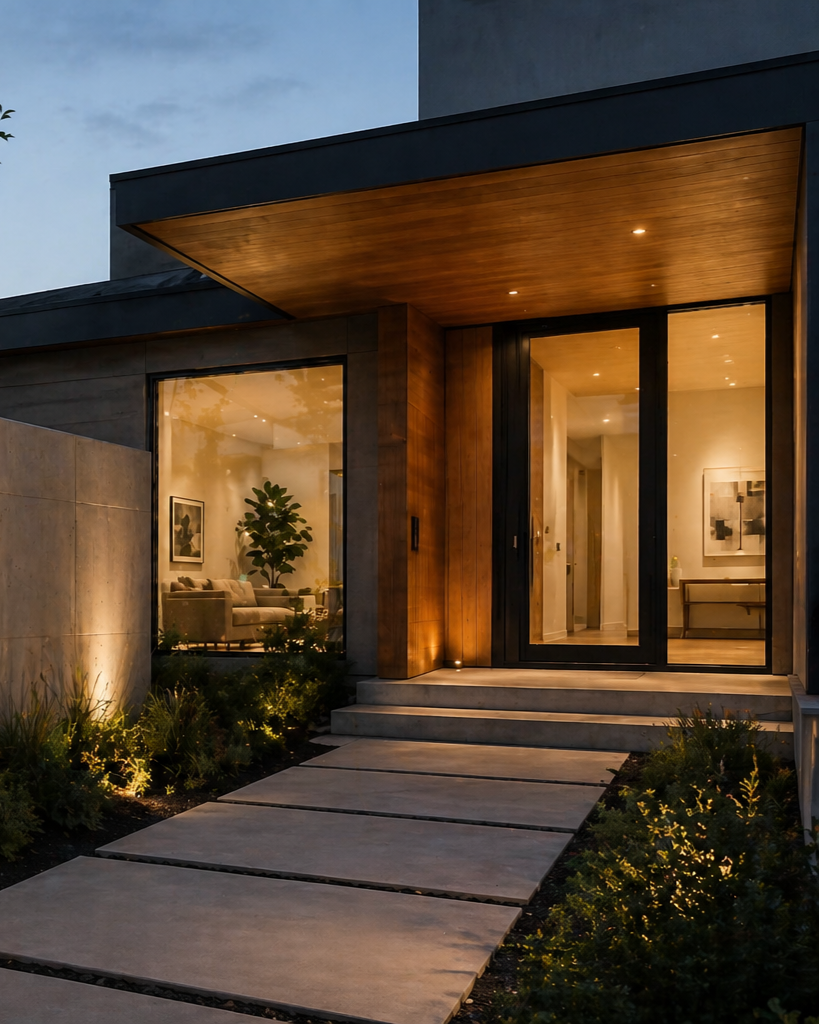 Modern house entrance with concrete stepping stones, warm interior lighting, and large glass sliding doors leading inside. The exterior features wood paneling and landscaped garden with uplighting.