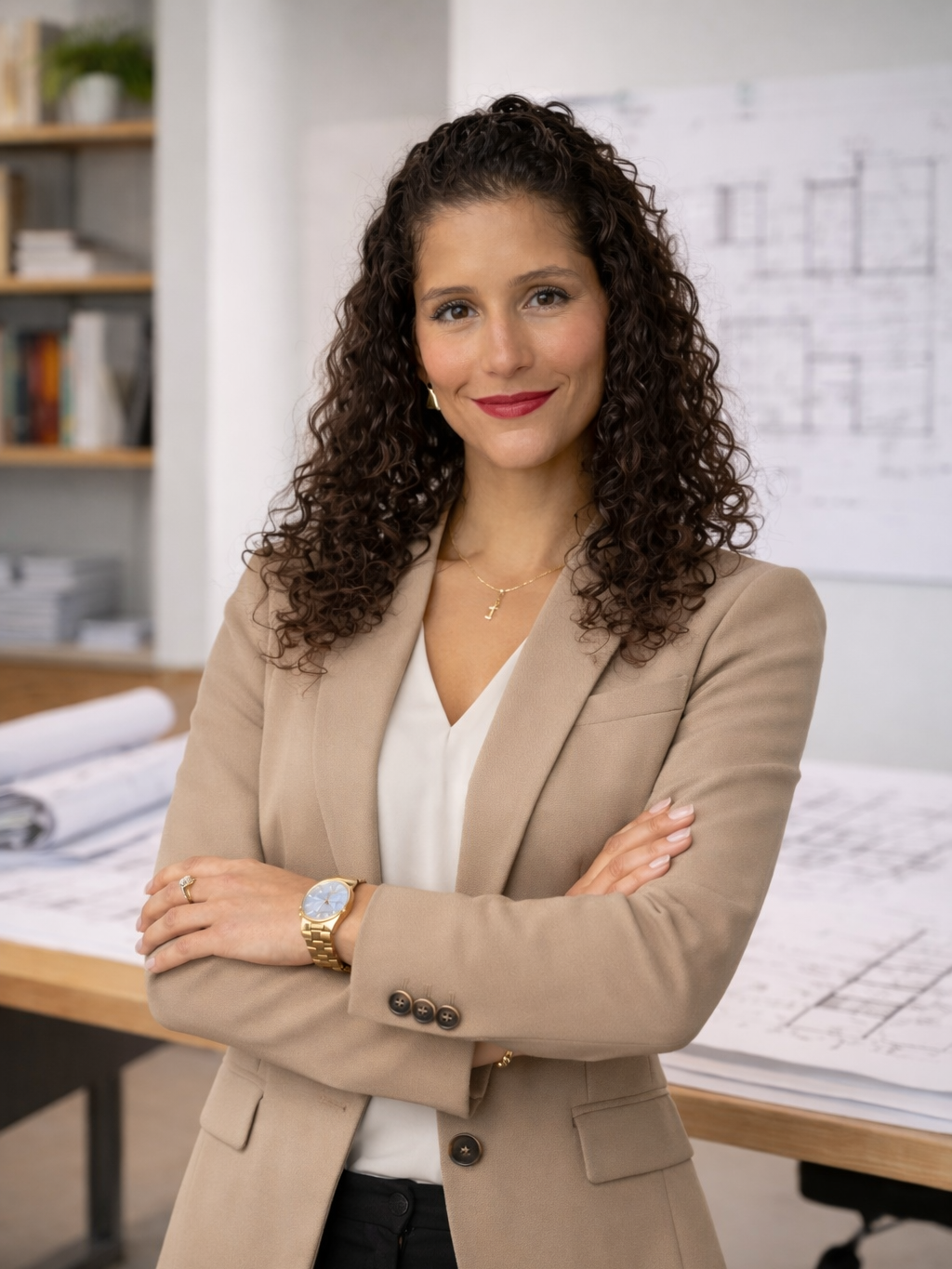 A confident professional woman with curly hair, wearing a beige blazer and white blouse, standing arms crossed in an office environment with architectural plans on a table behind her.