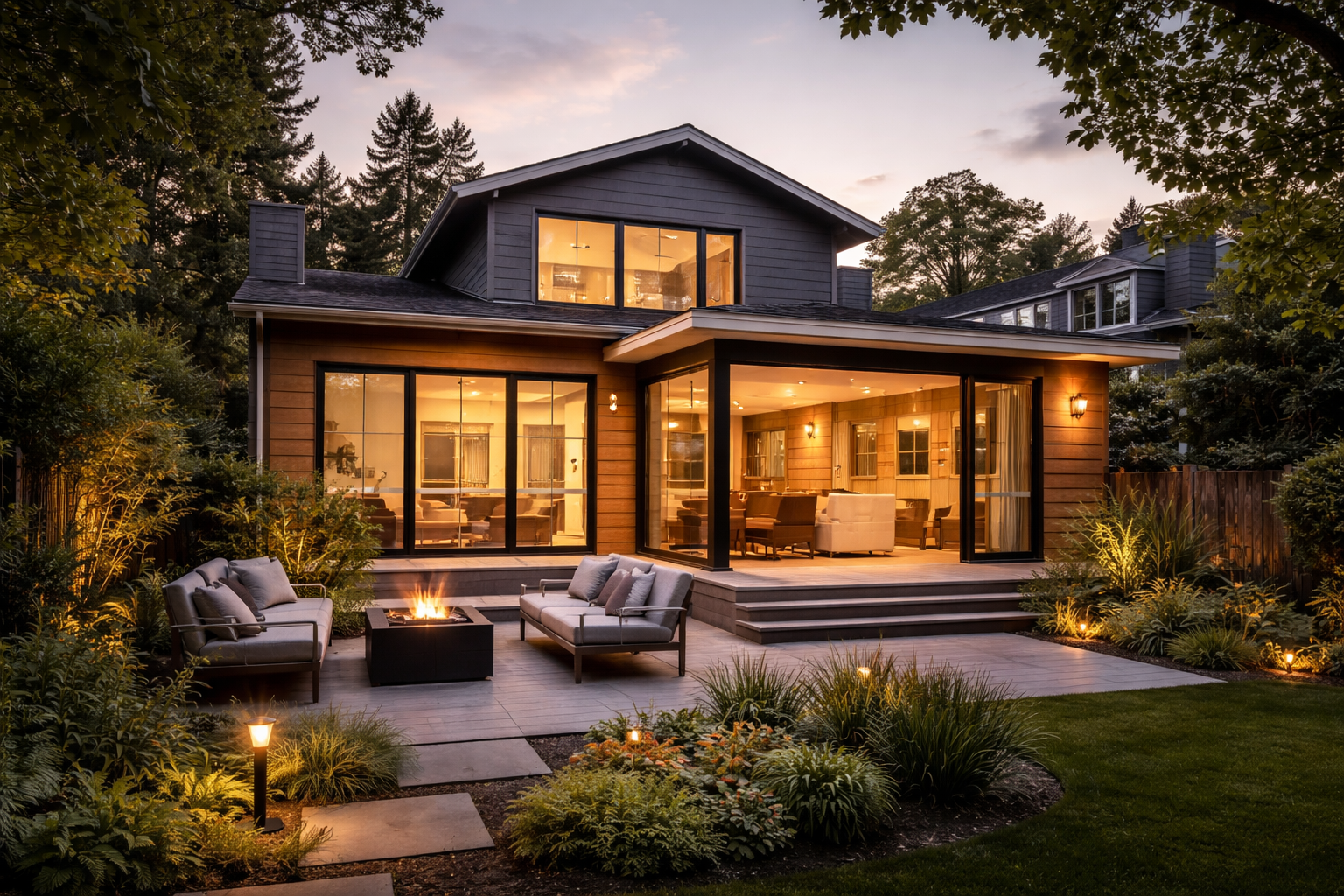 A modern two-story house with large glass windows illuminated from inside, situated in a landscaped backyard at dusk, with outdoor seating, a fire pit, and garden lights.