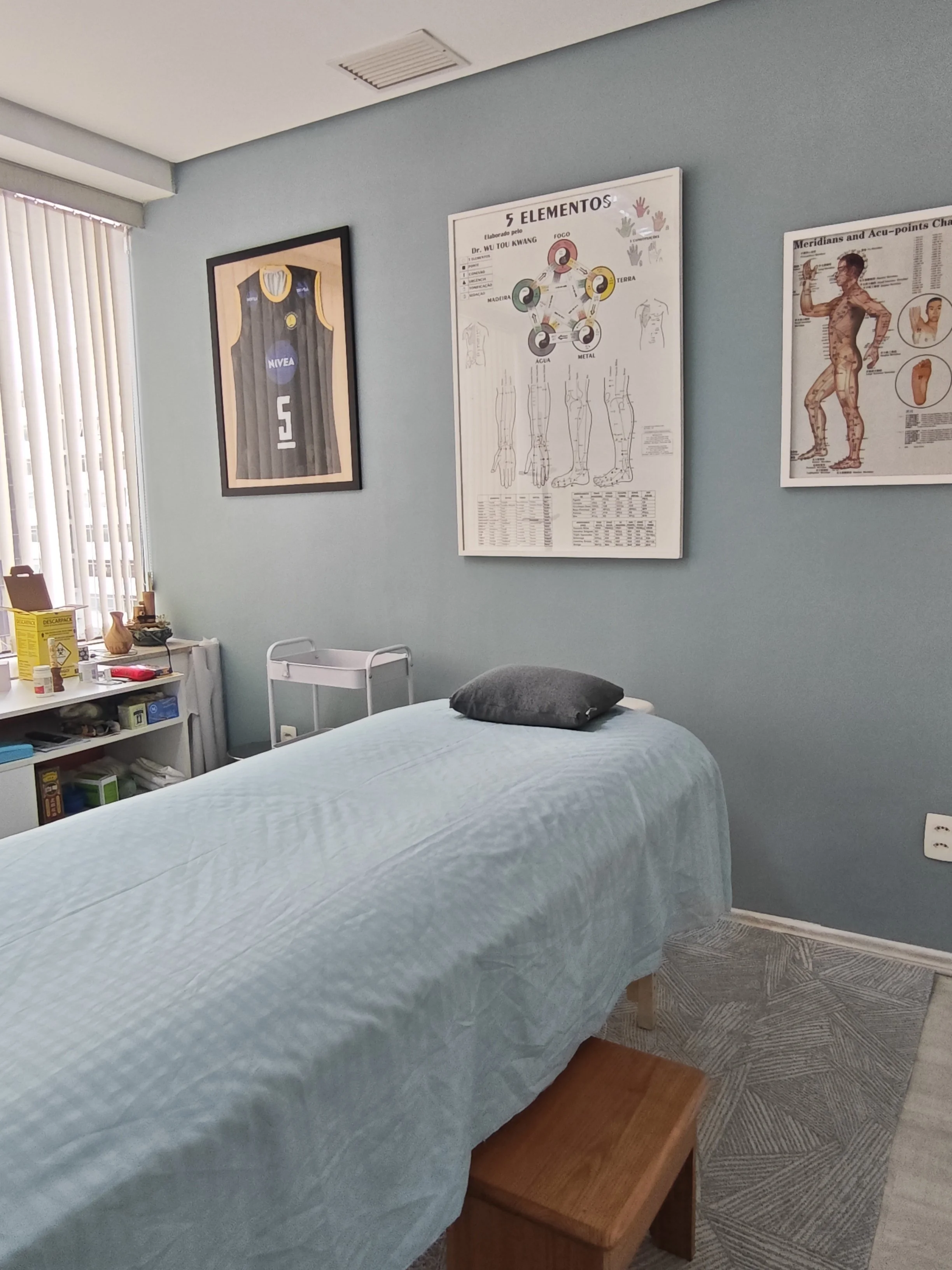 Quarto de clínica ou spa com uma mesa de massagem coberta com um lençol azul claro, uma almofada cinza no centro da cama, uma cadeira ao lado, uma prateleira com objetos diversos, uma parede azul clara decorada com quadros e pôsteres sobre elementos do corpo e esportes, uma janela com cortinas de persiana branca e piso com tapete de carpete cinza com padrão geométrico.