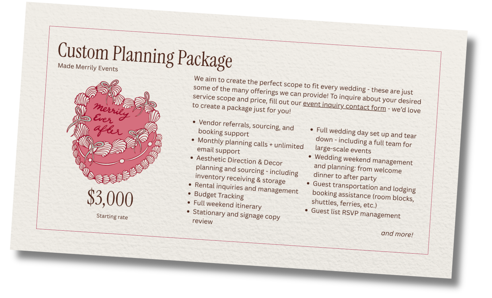 A printed brochure for Made Merrily wedding planning services: starting rate of $3,000 and lists services such as vendor referrals, monthly planning calls, decor planning, wedding day setup, guest transportation, and RSVP management.