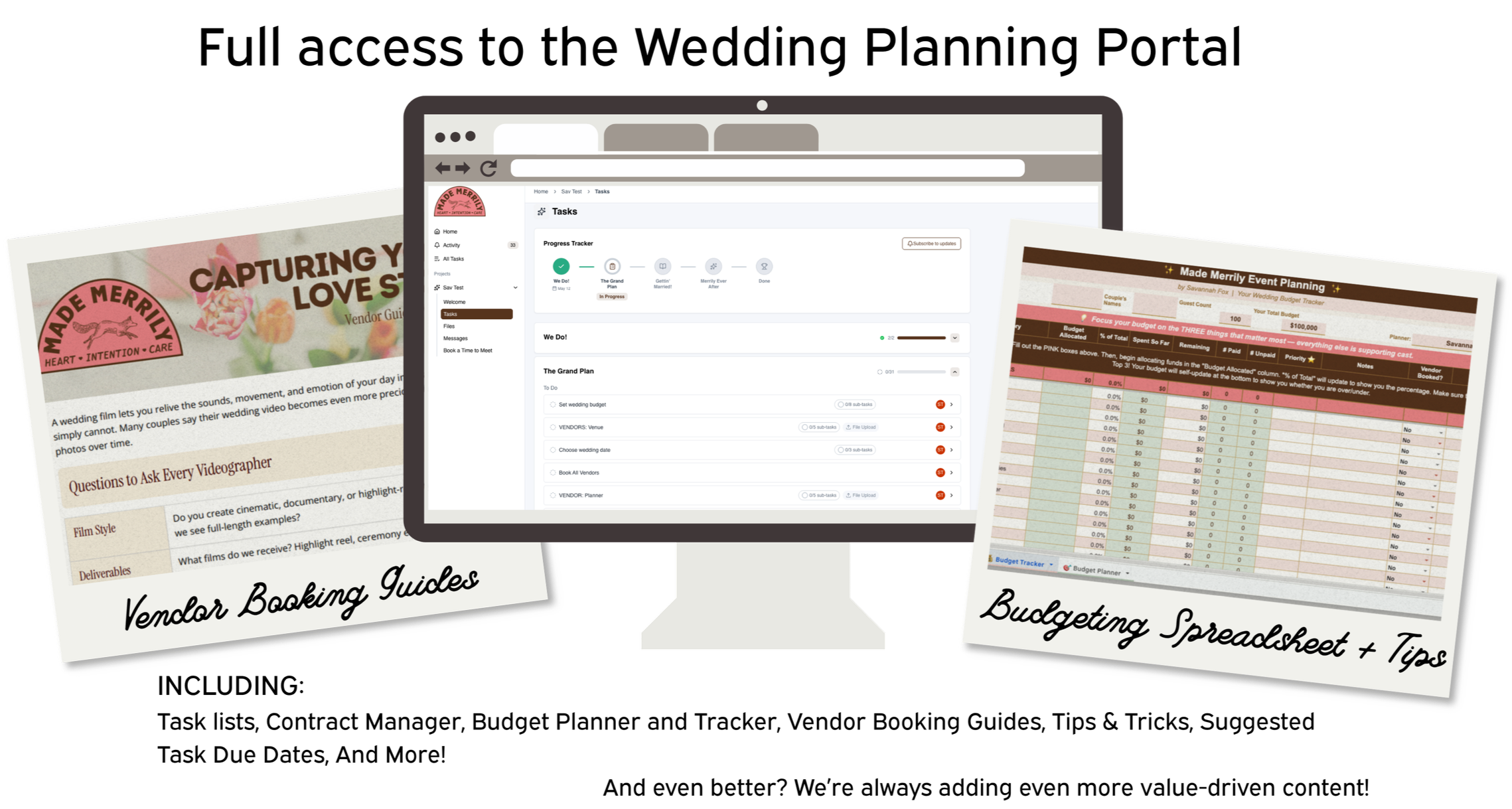 A computer monitor displaying a wedding planning portal, a wedding budget spreadsheet, and vendor booking guides - as an inclusion to Made Merrily event planning services.