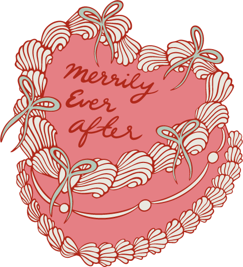 Decorative pink heart-shaped cake with white and pink frosting, adorned with bows and pearls, with the phrase "Merrily Ever After" written in red cursive in the center.