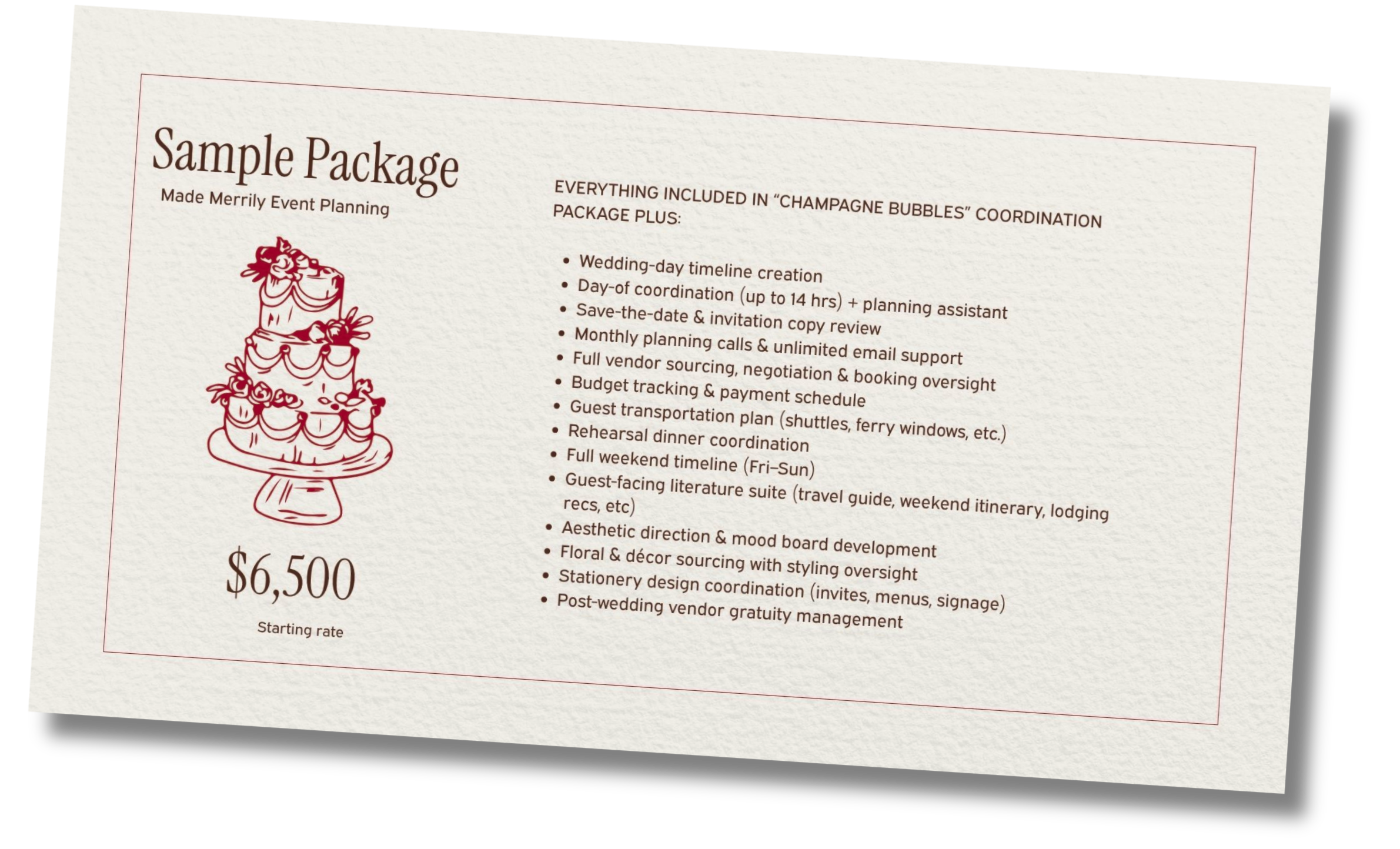 Part of a printed flyer advertising a wedding event planning package, including a red illustration of a wedding cake and text detailing services offered.