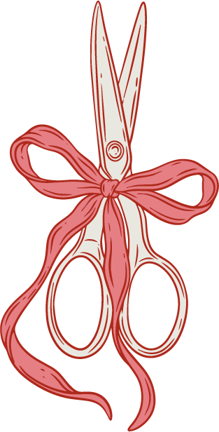 Illustration of a pair of sewing scissors with a pink ribbon tied around the handles.
