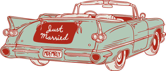 A vintage convertible car with a "Just Married" banner on the back and a custom license plate that says abbreviates "Made Merrily".