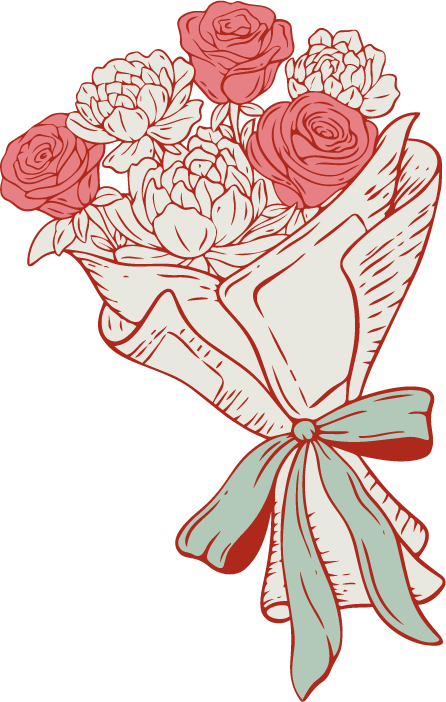 Illustration of a flower bouquet with various pink and white roses and carnations, wrapped with a large bow.