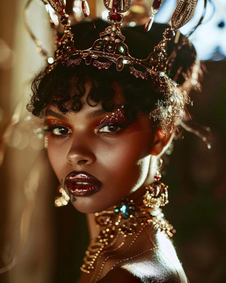 A person with dark skin wearing elaborate jewelry, including a crown, earrings, and necklaces, with bold makeup and curly hair.