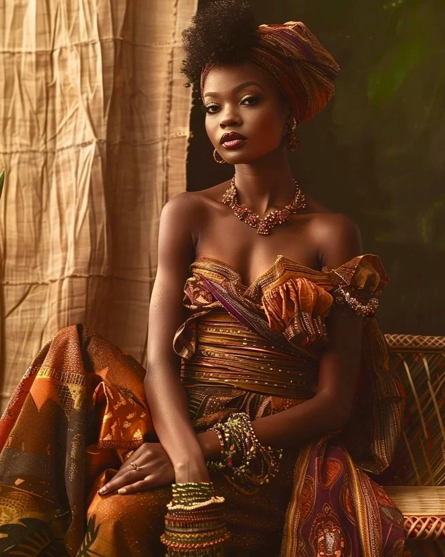 A woman with dark skin wearing traditional African attire, including a headwrap, jewelry, and a colorful dress, sitting indoors.