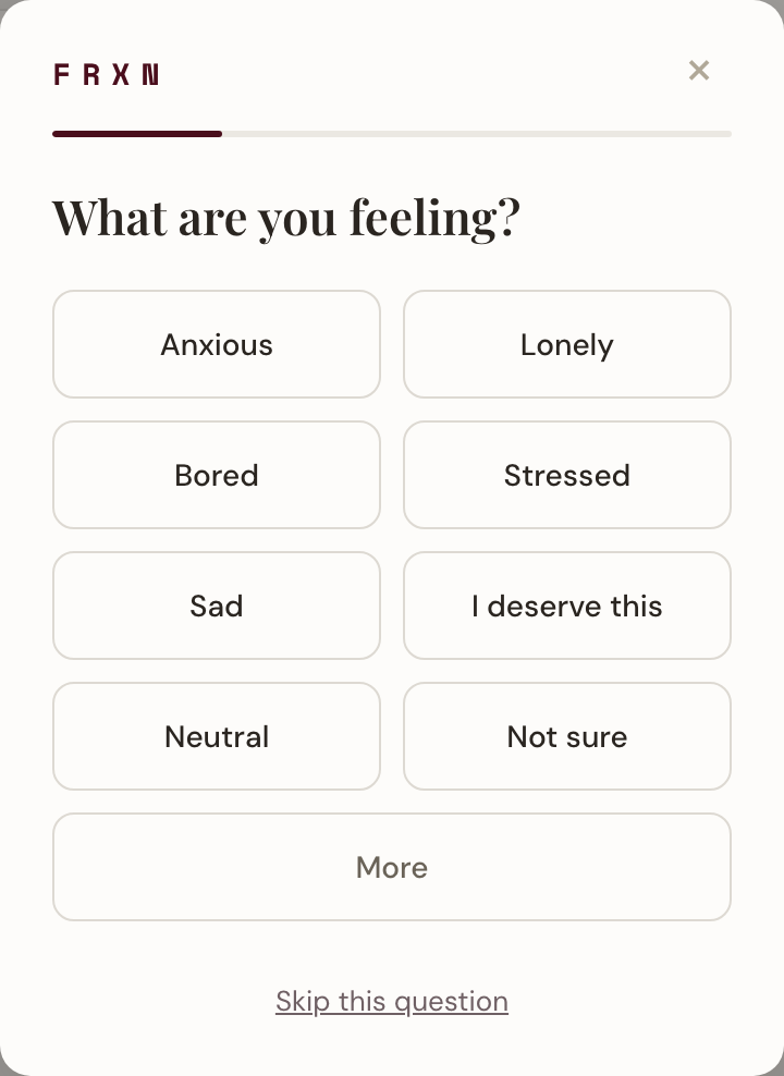 FRXN checkout check-in asks what you are feeling, with neutral, not sure, and skip options.