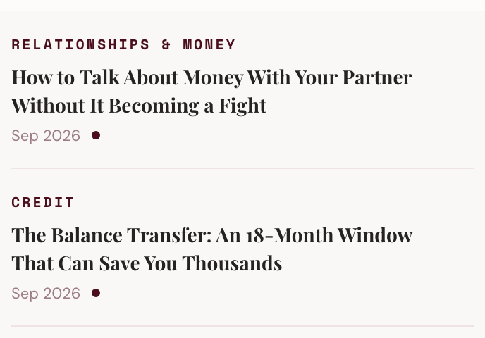 FRXN Learn tab preview: articles about talking with your partner about money and understanding balance transfers.