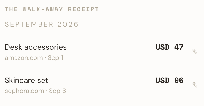 Product preview with fictional sample data: The Walk-Away Receipt showing two items and their recorded cart amounts in USD.