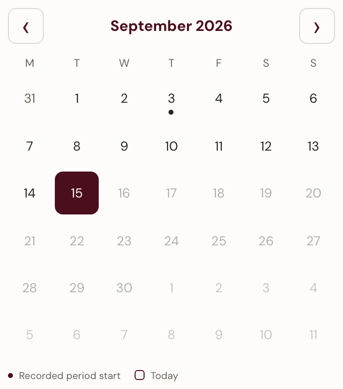 Product preview: a sample period-start calendar. This is an image, not an interactive calendar.