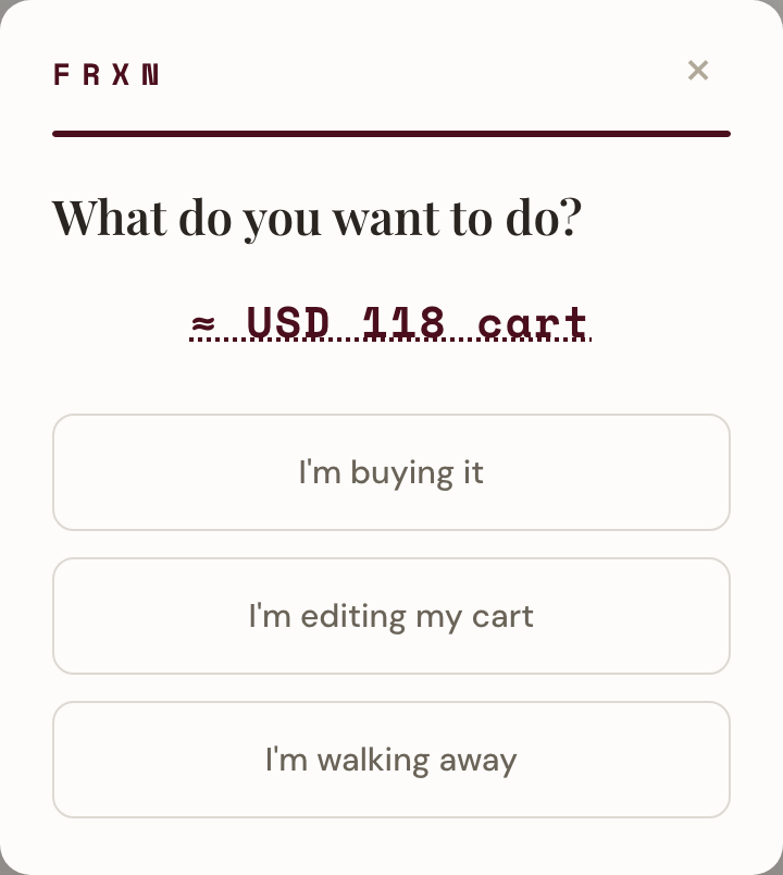 Illustrative FRXN check-in: choose to buy, edit your cart, or walk away. Sample cart total in USD.