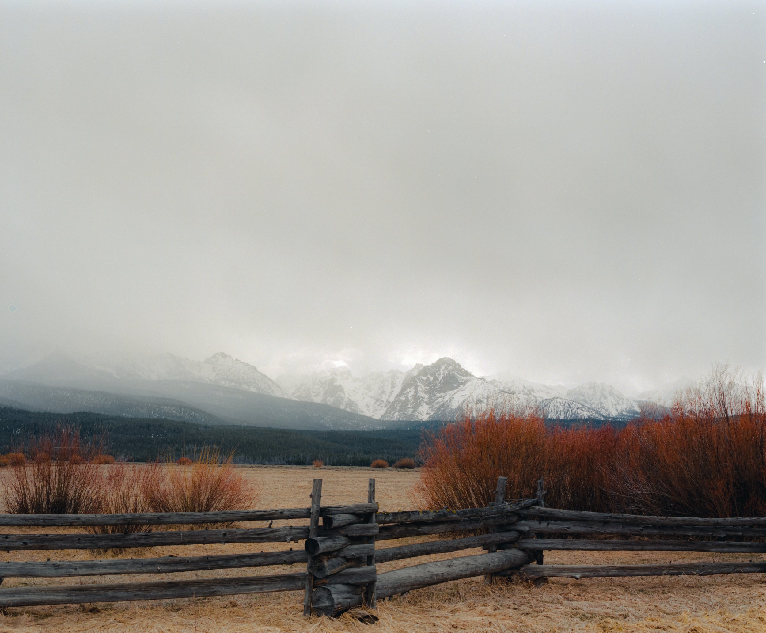 Snow-capped mountains in the distance under a cloudy sky, with a rustic wooden fence in the foreground and dry bushes around.