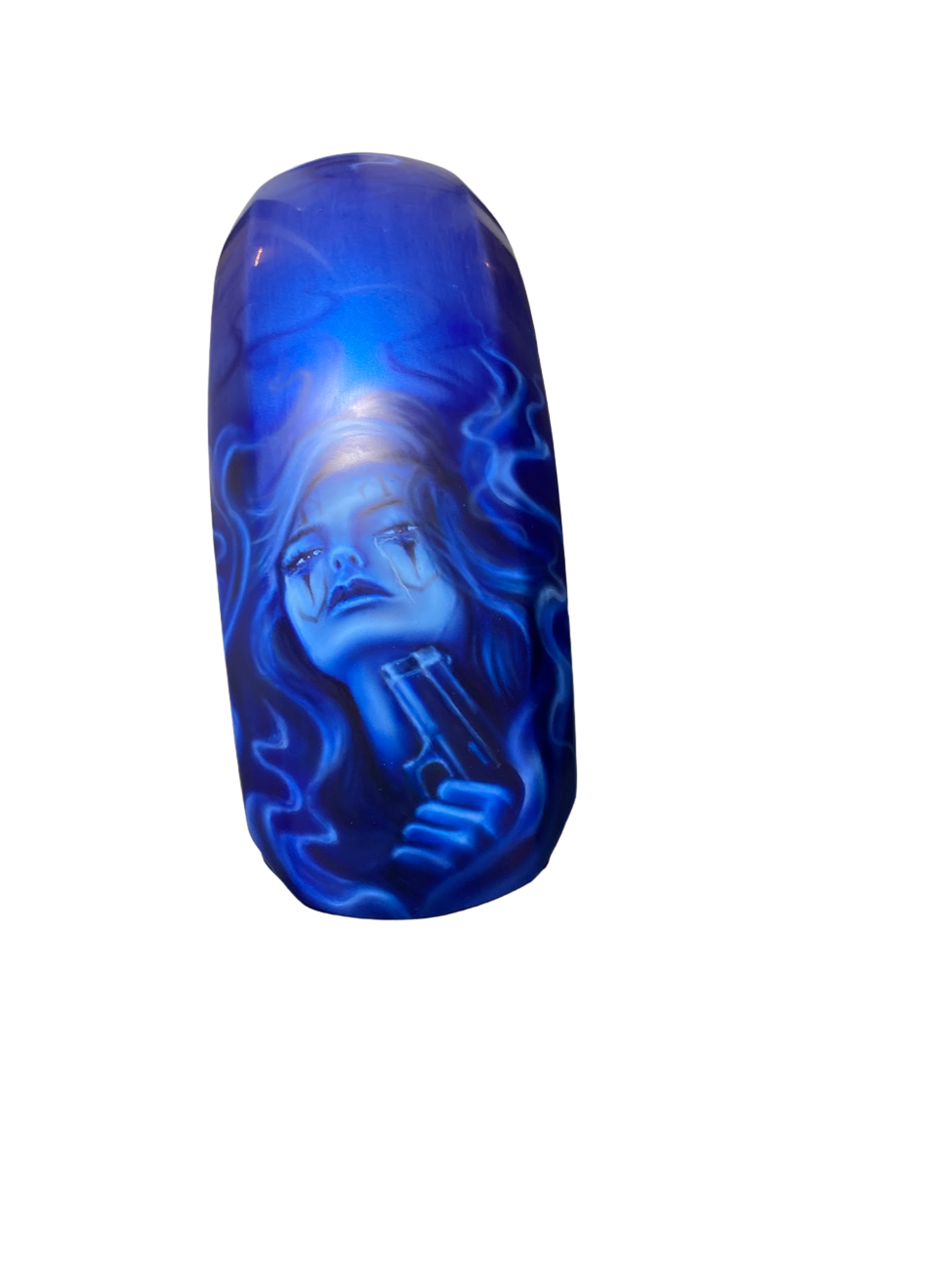 Custom airbrush portrait on motorcycle part featuring blue monochrome female figure with smoke effects