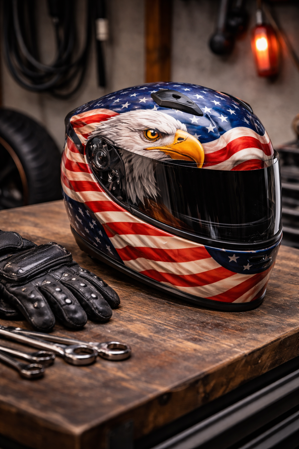 Custom airbrush motorcycle helmet with eagle and American flag design