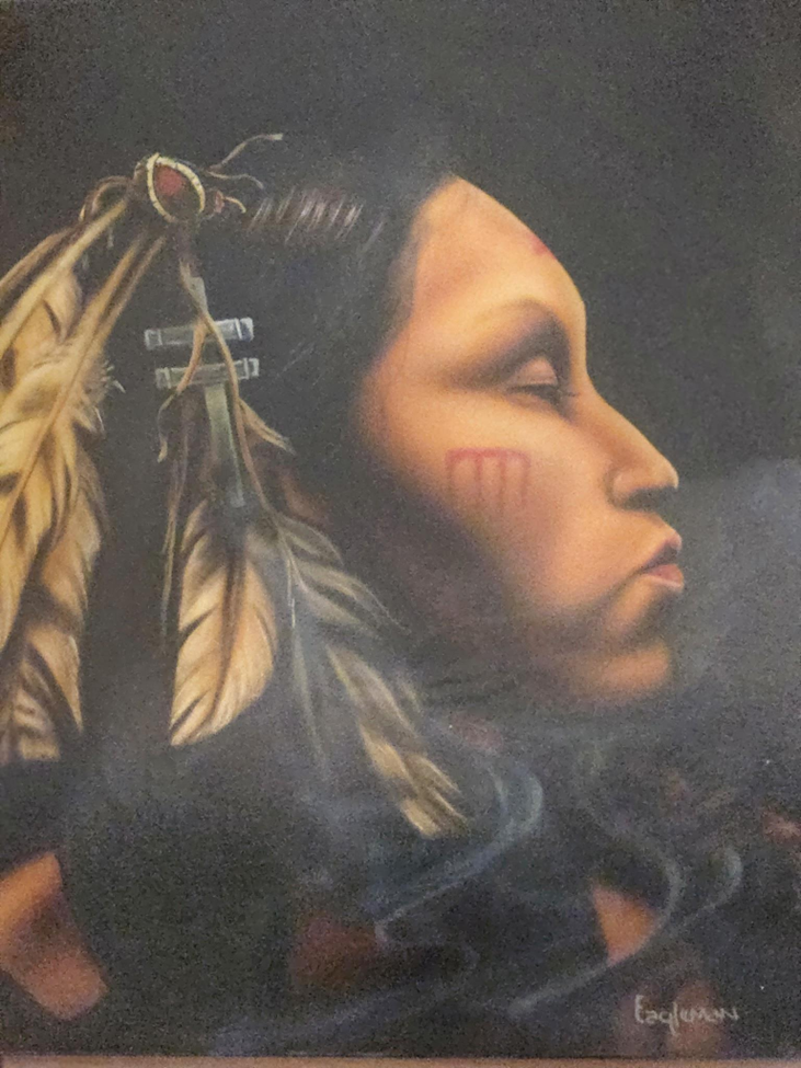 Custom airbrush portrait artwork with feather details and soft realistic shading in warm tones