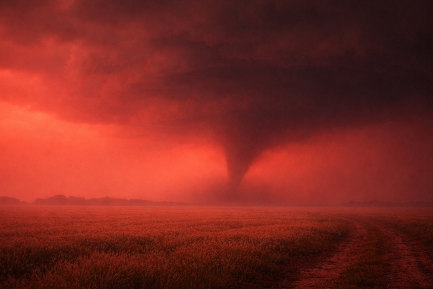 A tornado touches down over a flat field, with a dark, ominous sky and red-tinted clouds.