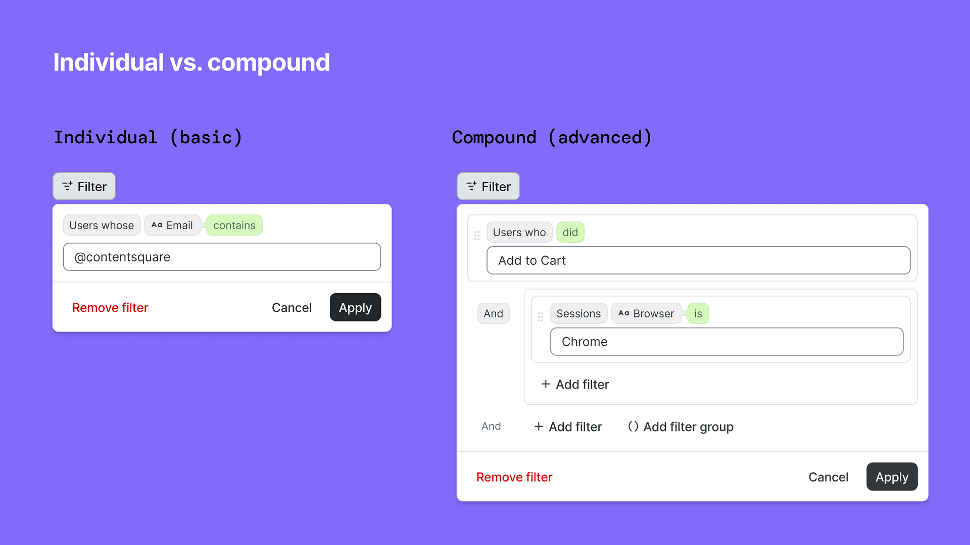Comparison of individual and compound filters in a user interface, showing filter options and applied criteria on a purple background.