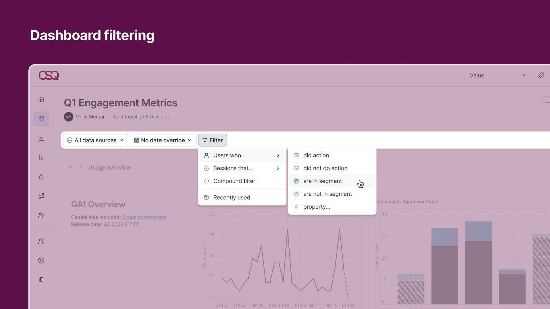 A screenshot of a data dashboard titled 'Q1 Engagement Metrics.' The dashboard shows a user interface with filter options, a menu for selecting user segments, and a graph with a line chart and bar chart displaying engagement data over time. The menu includes options for filtering users who did or did not take action or are in a specific segment.