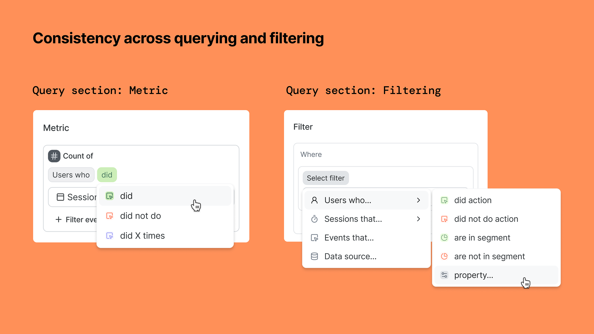 A presentation slide showing two sections on querying and filtering. The left section is titled 'Query section: Metric' and displays a metric filter for counting users who did a certain action. The right section is titled 'Query section: Filtering' and shows a filter menu with options for selecting filters for users, sessions, events, data sources, and properties, with some options highlighted and a cursor pointing to a property option.