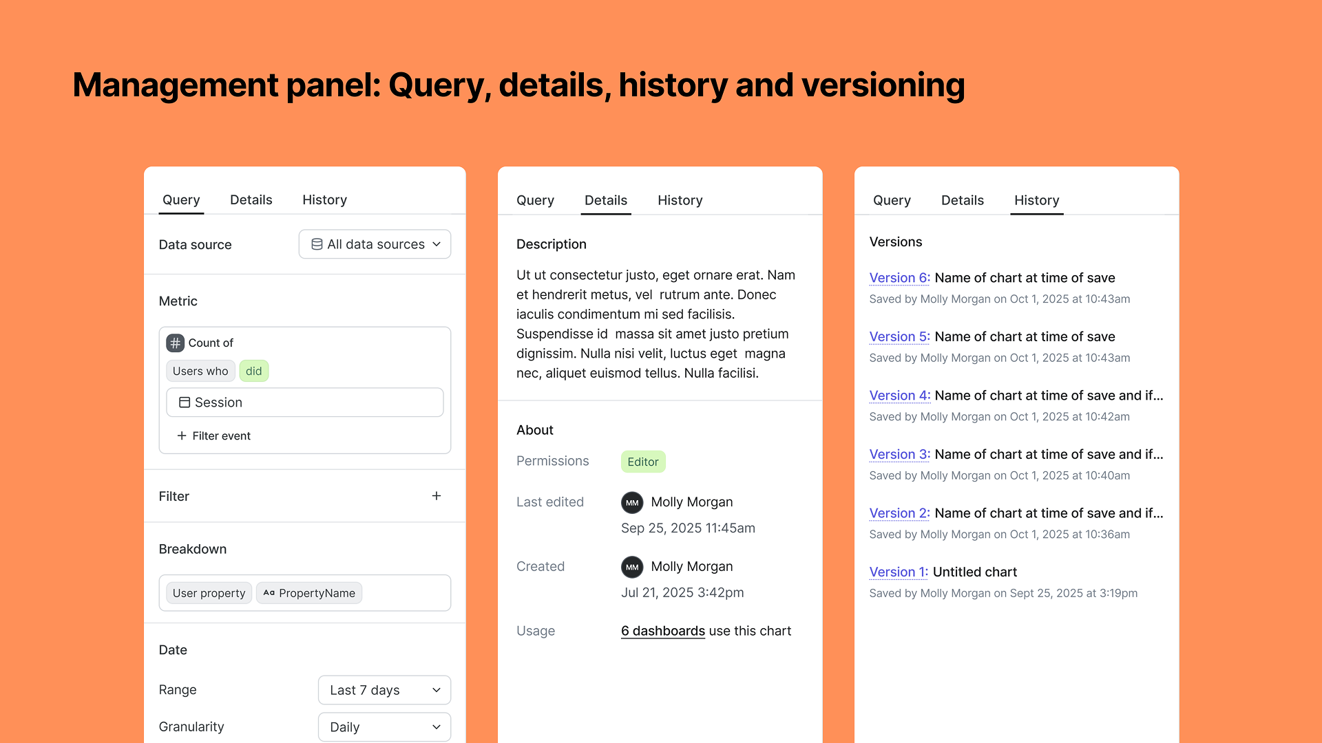 Screenshot of a management panel interface with three tabs labeled Query, Details, and History. The panel displays options for data source, metrics, filters, breakdowns, date range, and version history.