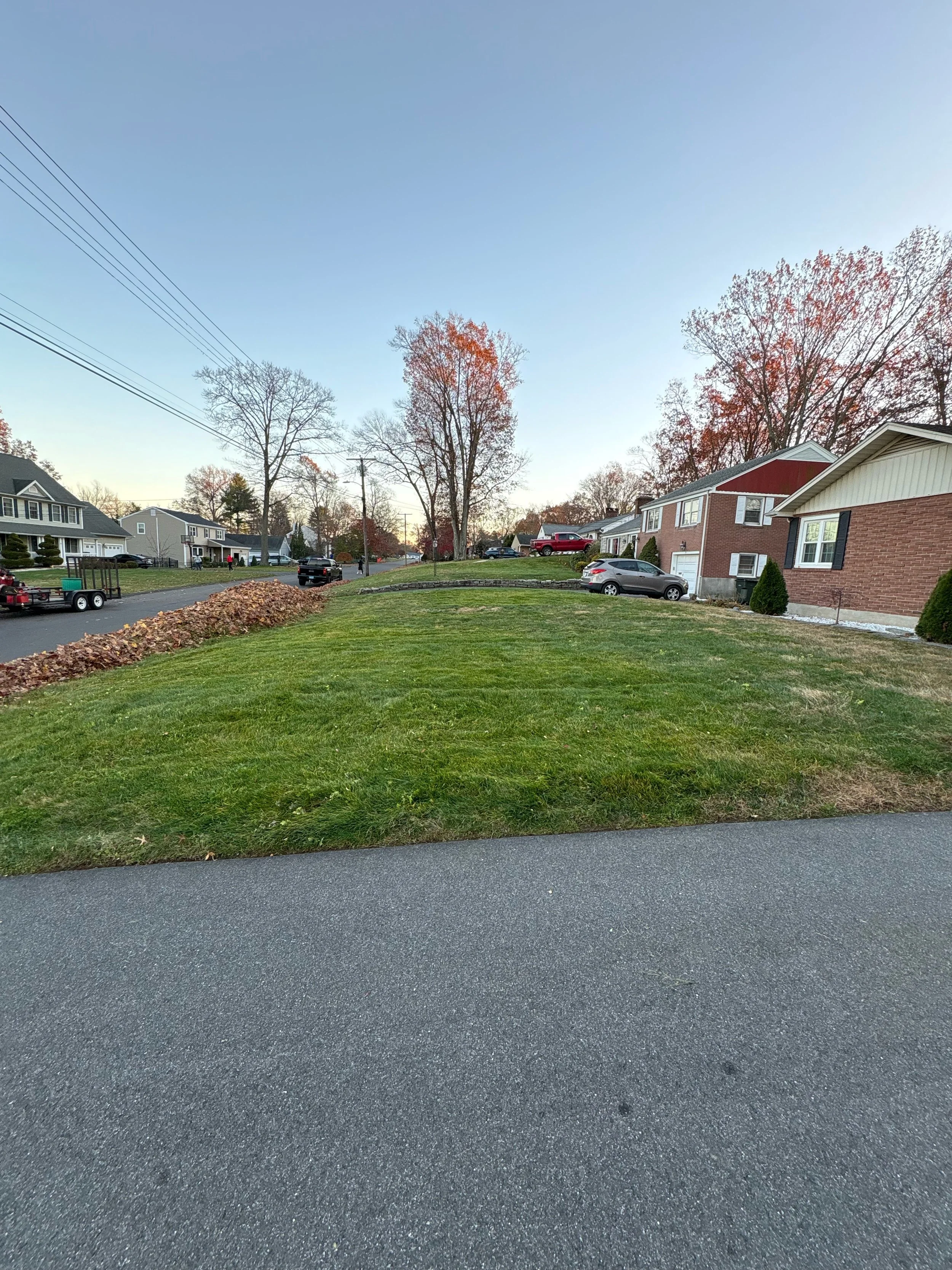 A residential neighborhood street in autumn, with houses, cars, and trees with fall foliage, under a clear blue sky.