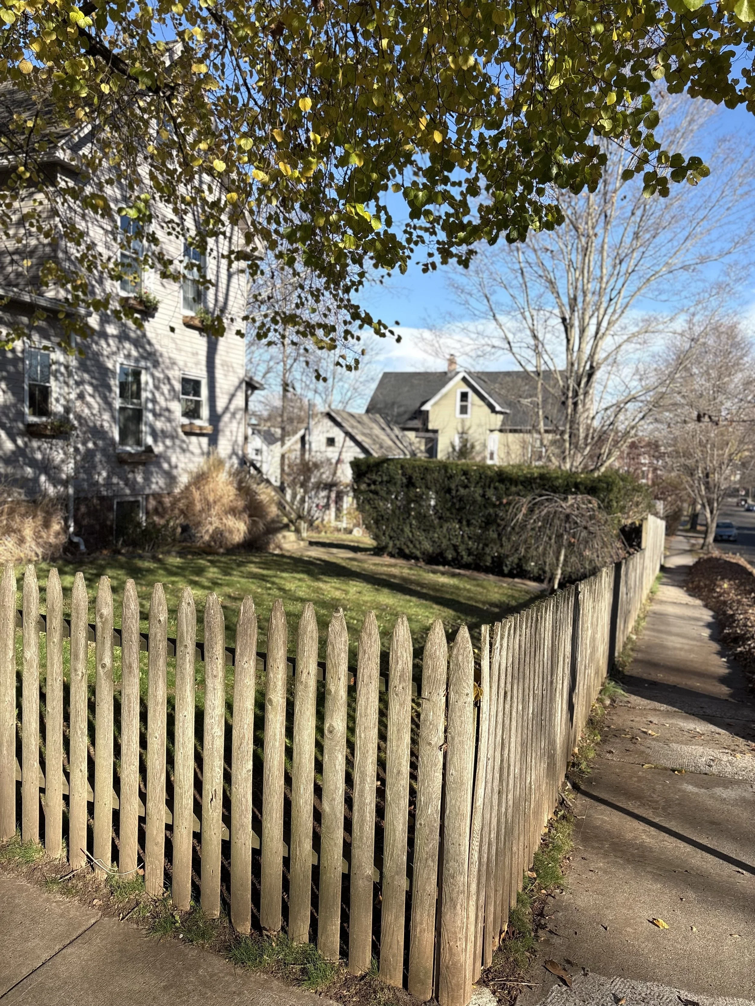 A sidewalk running alongside a wooden picket fence with a lawn and bushes behind it. In the background, there are houses and trees with some leaves, indicating early fall or late autumn. The sky is clear with some clouds.