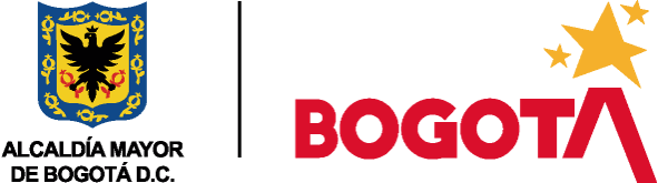 Escudo de armas de Bogotá con un ave y elementos decorativos, seguido del texto 'BOGOTÁ' en letras rojas con un gorro de copa y estrellas doradas.