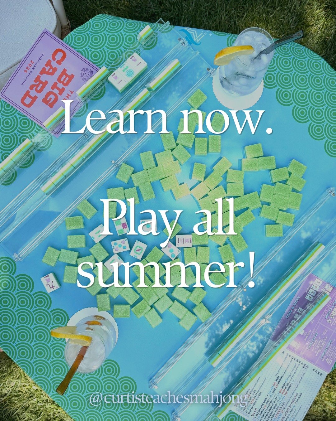 Learn now. Play all summer!

Grab a few friends and book a lesson with Curtis to get started.

We love the light, bright, happy colors of our favorite set from @myfairmahjong &mdash; Crystal Confetti Citrus Green 🍋💚 It brightens up every table! Use