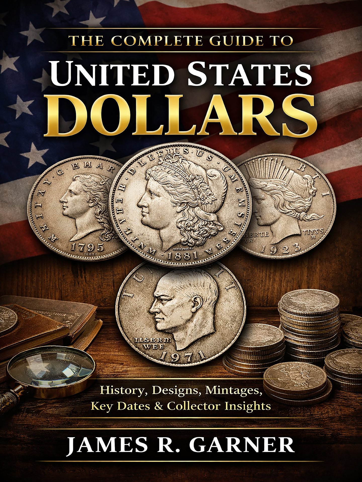 Book cover titled "The Complete Guide to United States Dollars" with images of several vintage U.S. coins, an American flag in the background, and additional coins and magnifying glass on a wooden table.