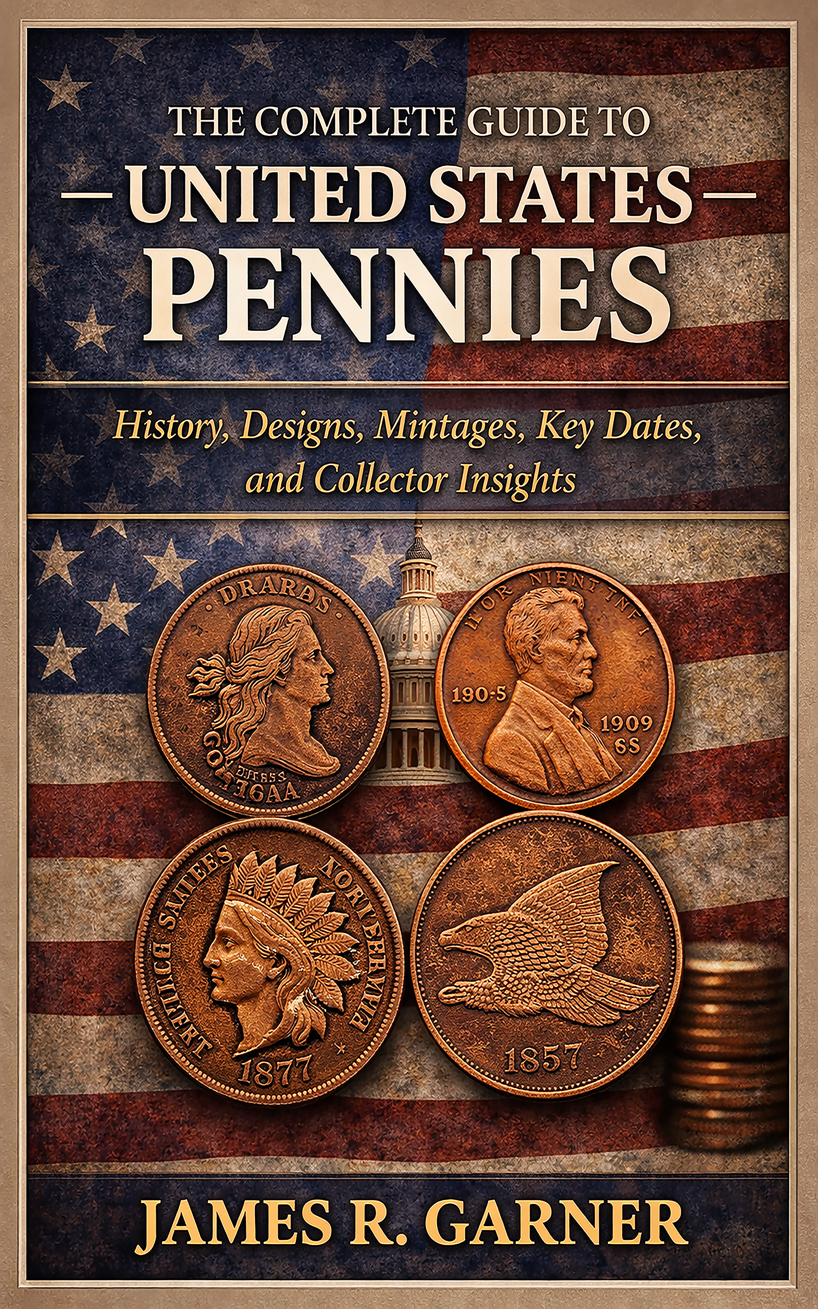 Book cover titled 'The Complete Guide to United States Pennies' by James R. Garner. Features images of various U.S. pennies with historical inscriptions, set against a background of an American flag.
