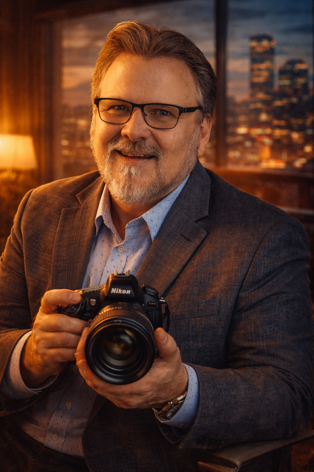 A man with glasses and a beard in a suit holding a Nikon camera, smiling in a warmly lit room with a cityscape view.