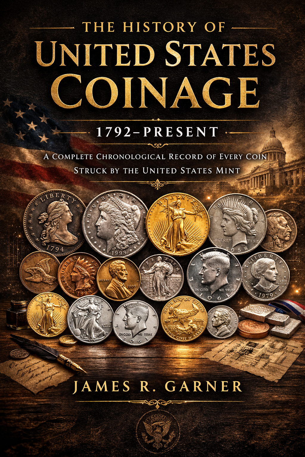 Cover of the book titled 'The History of United States Coinage 1792-Present' by James R. Garner, featuring various U.S. coins like the Liberty quarter, Morgan dollar, and others, along with a quill, ink bottle, and scattered coins on a wooden surface, with a dark background and an American flag.