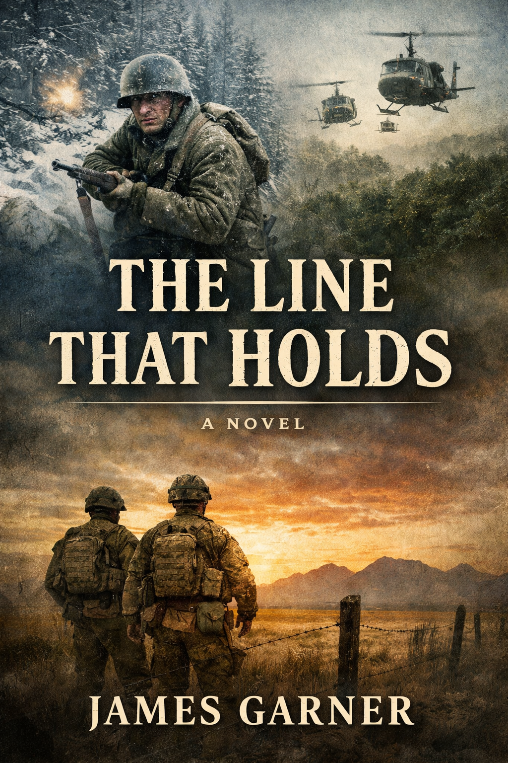 Book cover for 'The Line That Holds' by James Garner, featuring soldiers in combat gear walking through a field at sunset and military helicopters in the sky.