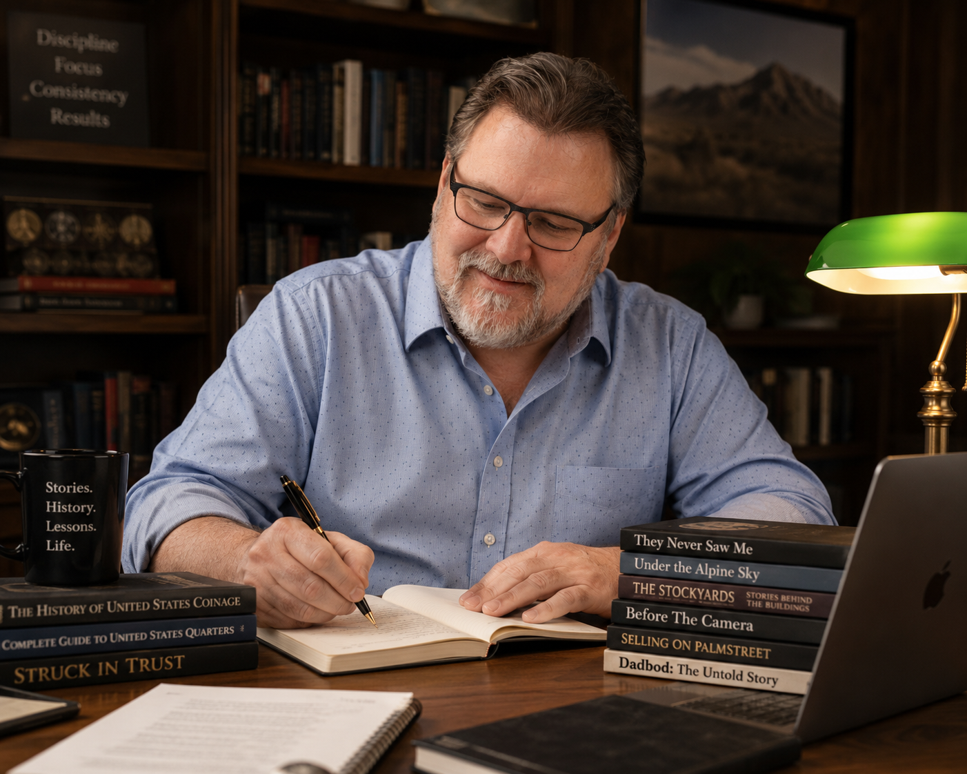 A man with glasses and a gray beard writing in a notebook at a wooden desk, surrounded by books, a black mug with white text, and a green desk lamp, in a cozy, book-filled room.