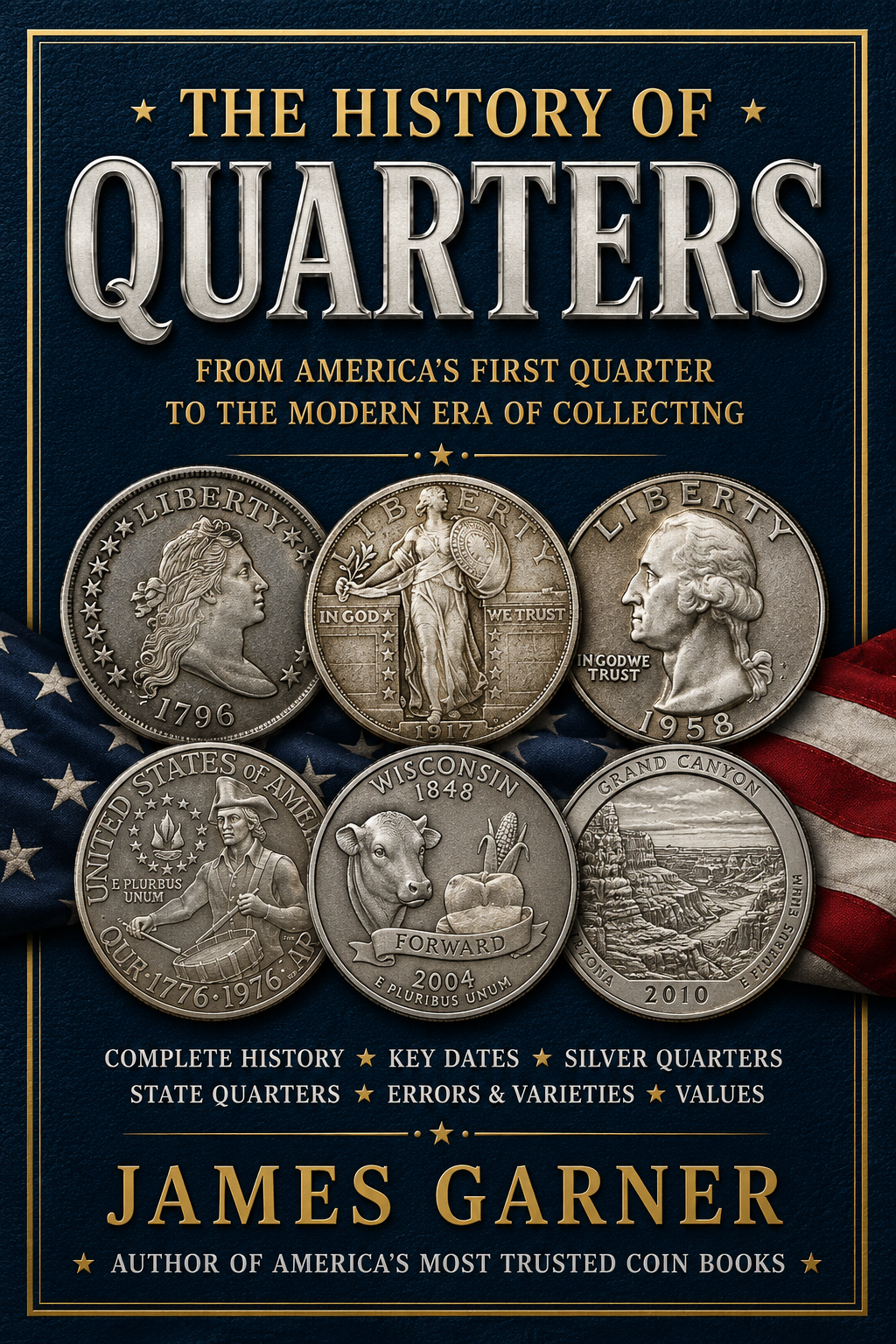 Book cover titled 'The History of Quarters' by James Garner, featuring images of five different U.S. quarters from various years and states, along with an American flag backdrop.